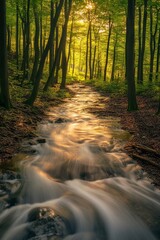 Fototapeta premium Golden Sunlight Streams Through Forest Path