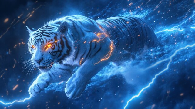 Fiery white tiger leaping through electric storm.