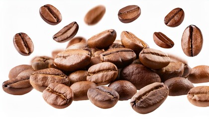 Naklejka premium coffee beans isolated on white. Falling coffee beans isolated on white background.