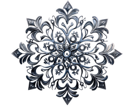 Intricate snowflake design with detailed patterns and elegant curves, showcasing blend of artistry and nature beauty. Perfect for winter themed decor or illustrations