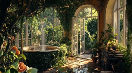 Sunlit Conservatory Garden with Stone Fountain and Lush Greenery