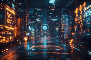 Obraz premium A digital marketplace glowing with holographic product displays in a futuristic cyber city.