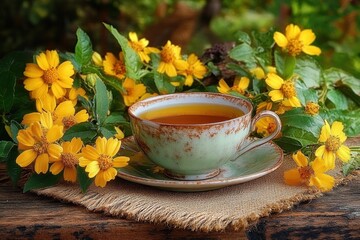 Herbal Tea and Healing Plants with Porcelain Cup and Yellow Flowers
