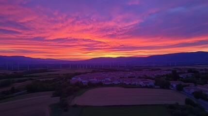 A vibrant sunset over a rural landscape, showcasing colorful skies and distant wind turbines.