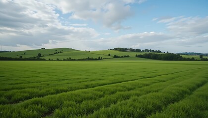Obraz premium Serene Rolling Green Hills Landscape Under a Partly Cloudy Sky, Lush Green Field in Foreground