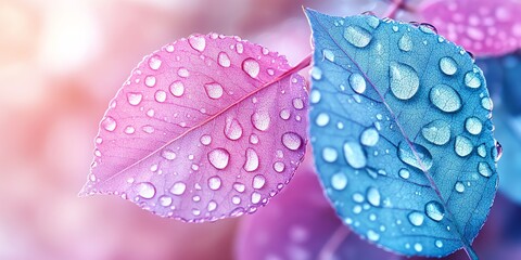 Delicate (blue and Purple) pastel leaves with water droplets, a light background, soft shadows, minimal contrast, sharp focus, photorealistic, high-key lightin