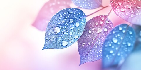 Delicate (blue and Purple) pastel leaves with water droplets, a light background, soft shadows, minimal contrast, sharp focus, photorealistic, high-key lightin