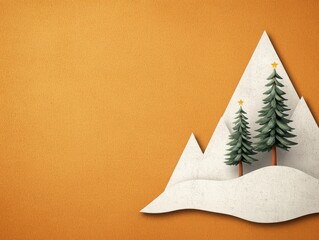 Winter wonderland landscape with snow-covered mountains and evergreen trees digital art vibrant orange background