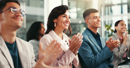Business people, audience and happy for applause in office, workshop and accountants training at...