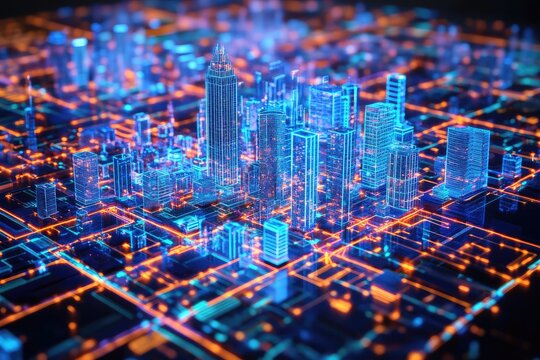 Fototapeta A digital twin of a city with real-time business analytics and simulations, powered by AI.