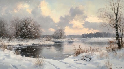A painting of a snowy landscape with a body of water in the foreground. The sky is cloudy and the trees are bare. The mood of the painting is serene and peaceful