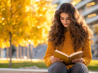 Obraz premium Reading a book autumn park lifestyle image natural setting close-up view serenity and reflection