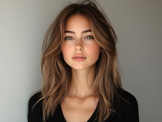 Naklejka premium Portrait of a young woman with brown wavy hair against a light grey backdrop