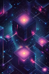 A colorful image of cubes and stars in a dark background. The cubes are lit up with a bright yellow light, creating a sense of energy and excitement. Scene is one of wonder and awe