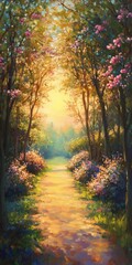 Fototapeta premium Sunlit Path Through a Blossoming Garden: A Serene Landscape Painting