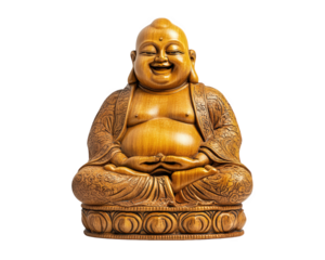 golden Buddha statue with intricate carvings, symbolizing peace and happiness, isolated on transparency background
