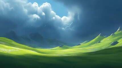 Obraz premium Capture lightning over a sunlit field just before rain hits. balance the bright foreground with dark storm clouds. 