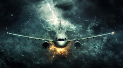 A dramatic airplane flying through a stormy sky with lightning and turbulence.
