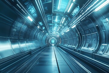 Obraz premium Futuristic Cyan Metal Tunnel Leading to Light