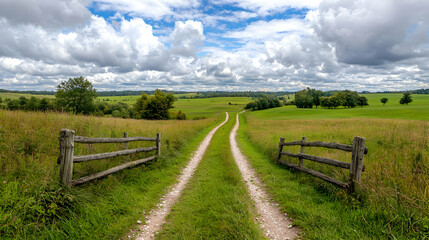 Country road through green fields under cloudy sky