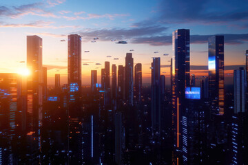 Fototapeta premium Futuristic city skyline at sunset with soaring skyscrapers.