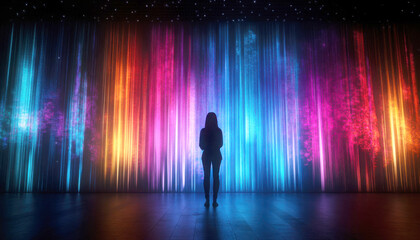 Silhouette of a person in front of colorful light curtains.
