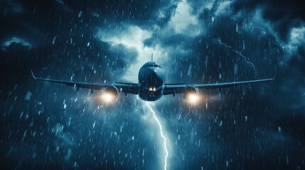 A dramatic scene of an airplane flying through a storm with lightning and heavy rain.