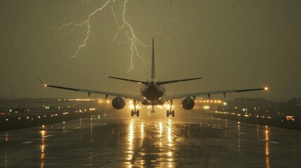 A dramatic scene of an airplane landing during a thunderstorm with lightning in the background.