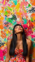 Vibrant artistic portrait of woman against colorful abstract wall urban setting photography close-up expression of emotion