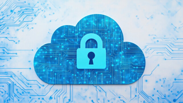 digital cloud with padlock symbol, representing secure data protection and encryption. background features circuit patterns, emphasizing technology and security