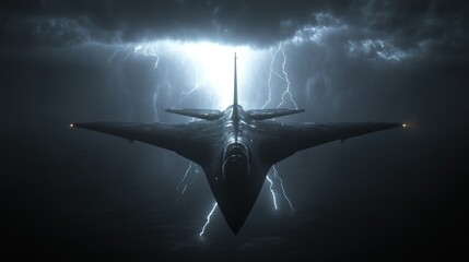 A sleek aircraft emerges from stormy skies, illuminated by lightning.