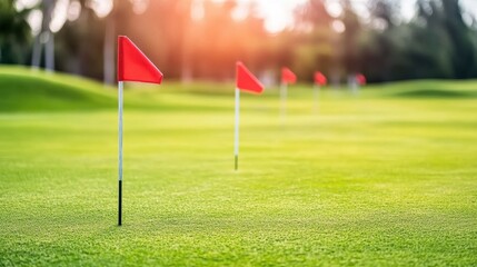 Obraz premium Colorful golf flags marking putting greens on a sunny day