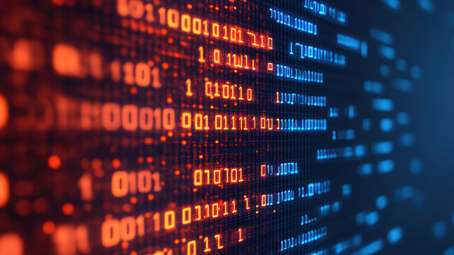 Digital data stream with binary code in vibrant colors, representing cybersecurity and technology. visual conveys sense of modernity and innovation