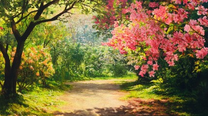 Naklejka premium Sunlit Garden Path With Pink Blossoms and Lush Greenery
