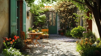 Sunlit Mediterranean Courtyard with Blooming Flowers and Rustic Furniture