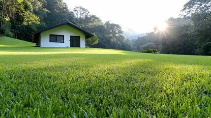 Sunrise over mountain cabin, green lawn. Vacation home rental