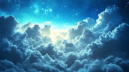 Fototapeta premium Dreamy Celestial Landscape with Majestic Clouds and Glowing Sunlight