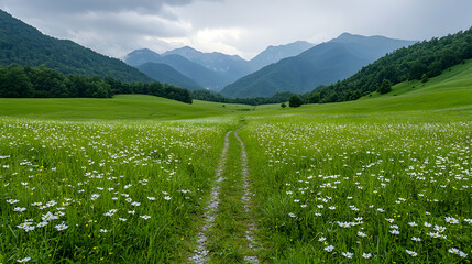Obraz premium Mountain meadow path, daisies, clouds, valley