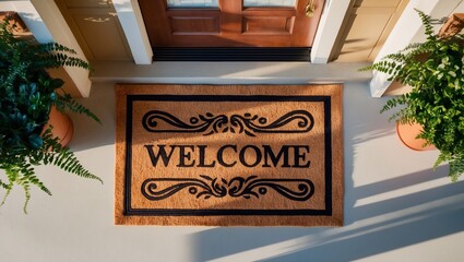 Overhead view of 'welcome' mat outside inviting front door of house