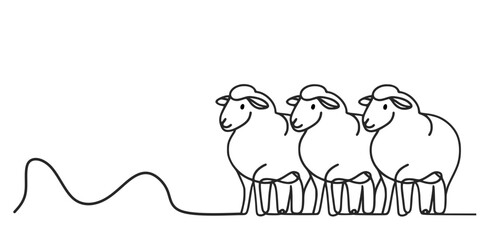 Single continuous line drawing of three sheeps Eid al Adha greeting card, concept one line draw design illustration