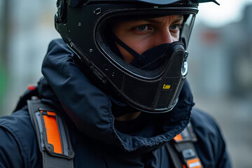 Close up of man wearing helmet and protective gear, focused expression