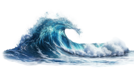 Giant blue ocean wave breaking with foam on transparent background