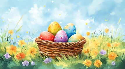 Colorful Easter Eggs Nestled in a Woven Basket Surrounded by Lush Green Meadow and Vibrant Spring Flowers Creating a Joyful and Festive Atmosphere for Celebration and Renewal of Life