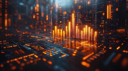 Futuristic Digital Data Visualization Abstract Orange and Blue glowing Circuit Board with Bar Graph