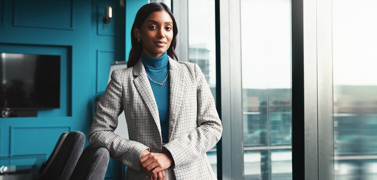 Happy, portrait and businesswoman in office with confidence for administrative law career. Pride, professional and female attorney from India with social security compliance case in workplace.