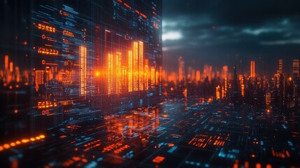 Fototapeta premium Futuristic Cityscape Digital Data Stream and Illuminated Urban Skyline at Night