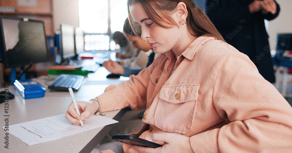 Poster Student, writing and cheating note for exam with answers, information and learning in classroom. Liar, girl and phone secret for test with internet, knowledge fraud and corruption for education