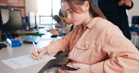 Student, writing and cheating note for exam with answers, information and learning in classroom. Liar, girl and phone secret for test with internet, knowledge fraud and corruption for education