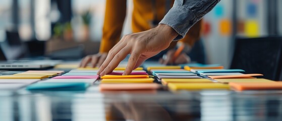 Person organizing colorful sticky notes on a table in an office setting, focused on planning and brainstorming creative ideas.
