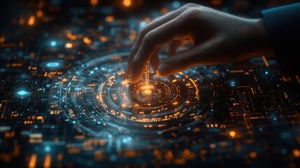 Hand Interacting with Futuristic Digital Interface Glowing Circuitry Network Technology
